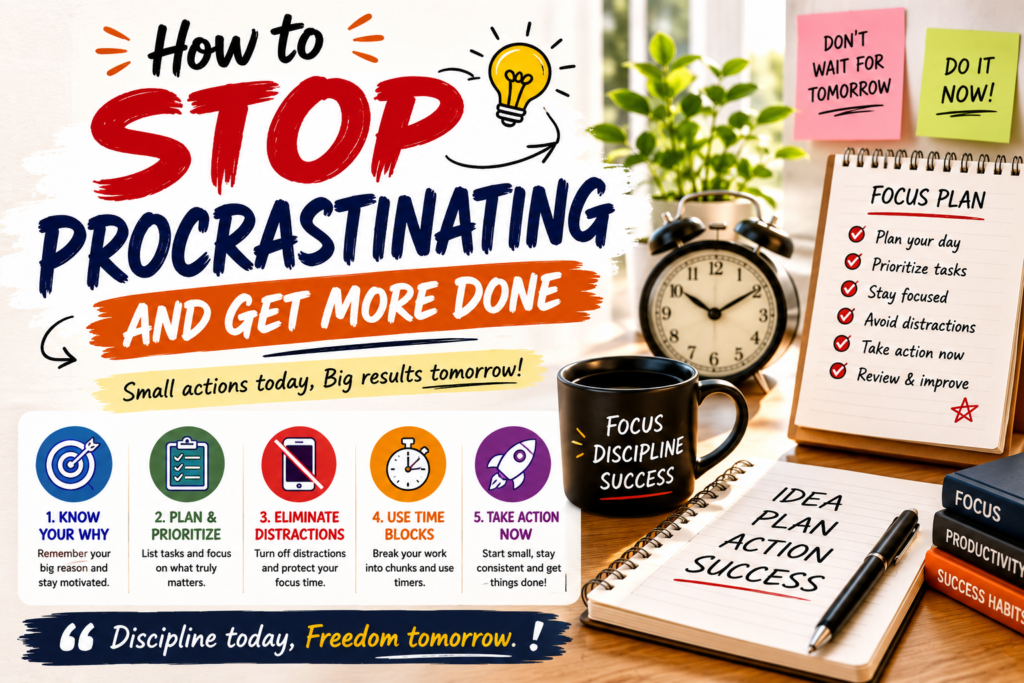 How to Stop Procrastinating and Get More Done Learn how to stop procrastinating and get more done with practical strategies, time management tips, and productivity habits that help you stay focused and achieve your goals.