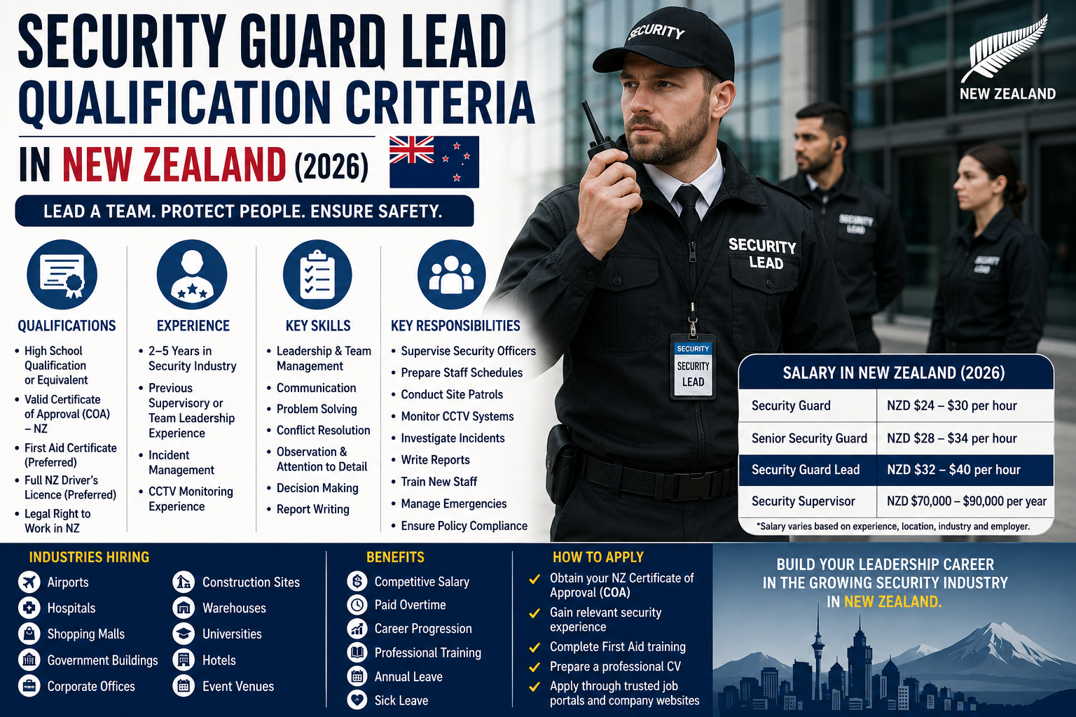Security Guard Lead Qualification Criteria in New Zealand (2026): Learn required qualifications, skills, salary, experience, licensing,